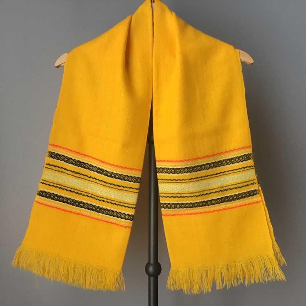 Vintage 70s Handwoven Rectangle Wool Yellow Fringe Scarf Handmade in Ecuador